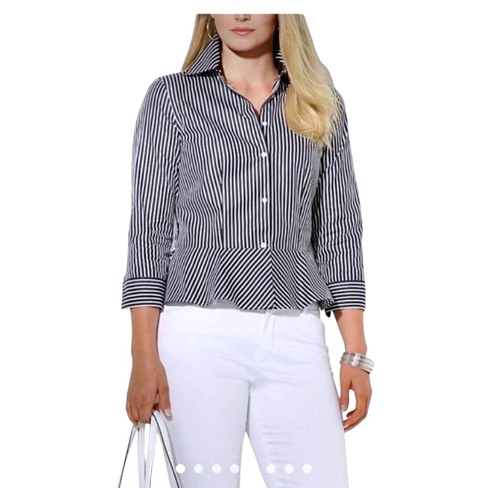 Lauren Ralph Lauren SZ2 Stripe Peplum Button‎ Down Shirt 3/4 Black White Ruffle